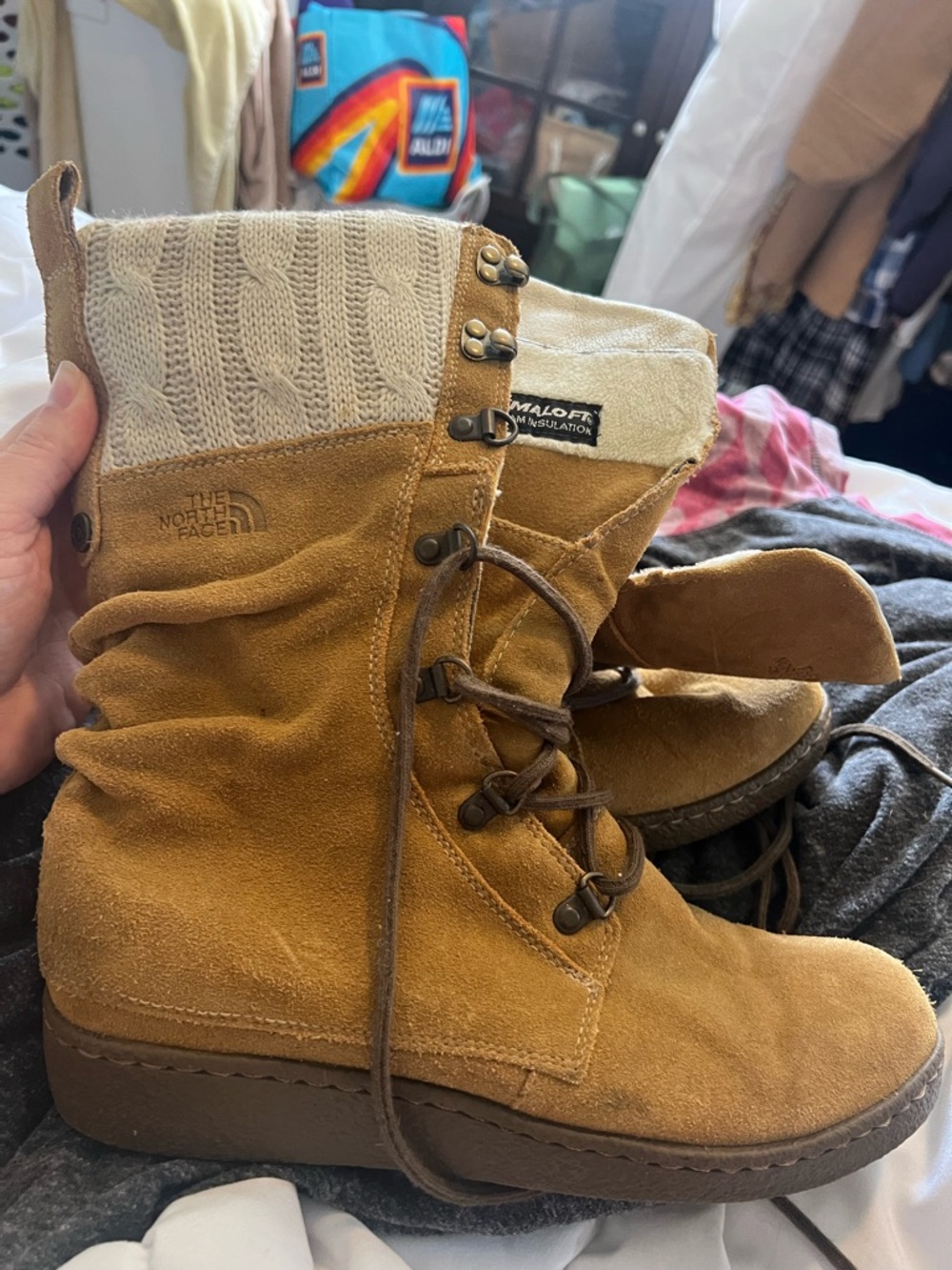 The North Face Camel Suede Lace-Up Knit Cuff Boots